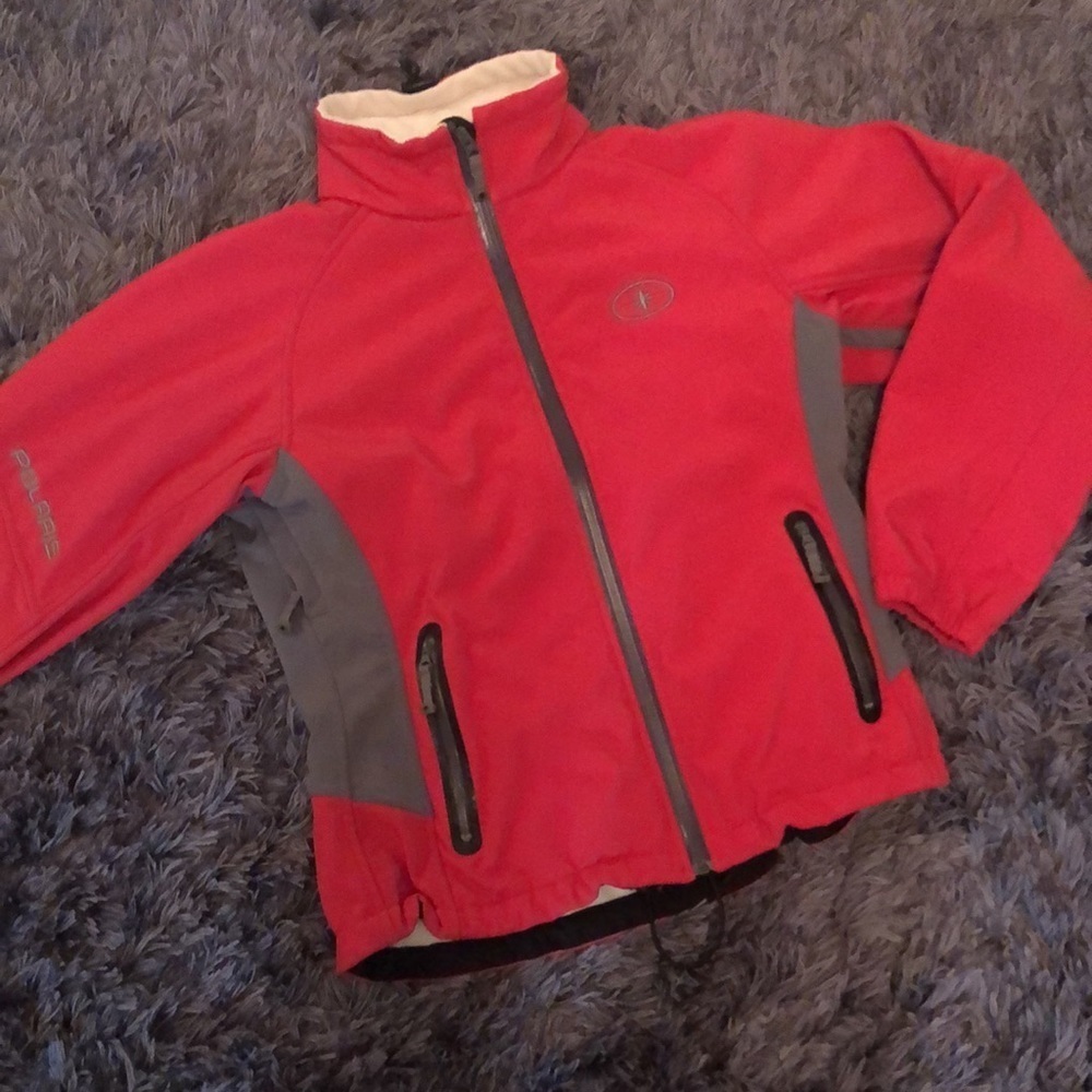 Polaris snowmobiling zip up soft shell jacket.